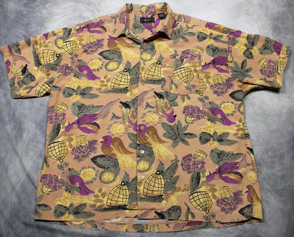 Vintage JT Beckett Shirt Mens 2XLT Multicolor Tropical Bird Print Short Sleeve